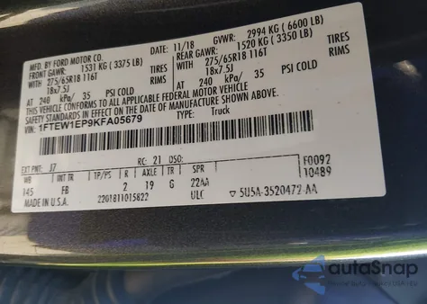 2019 Ford F-150 Xlt из США, поврежденный, VIN 1FTEW1EP9KFA05679